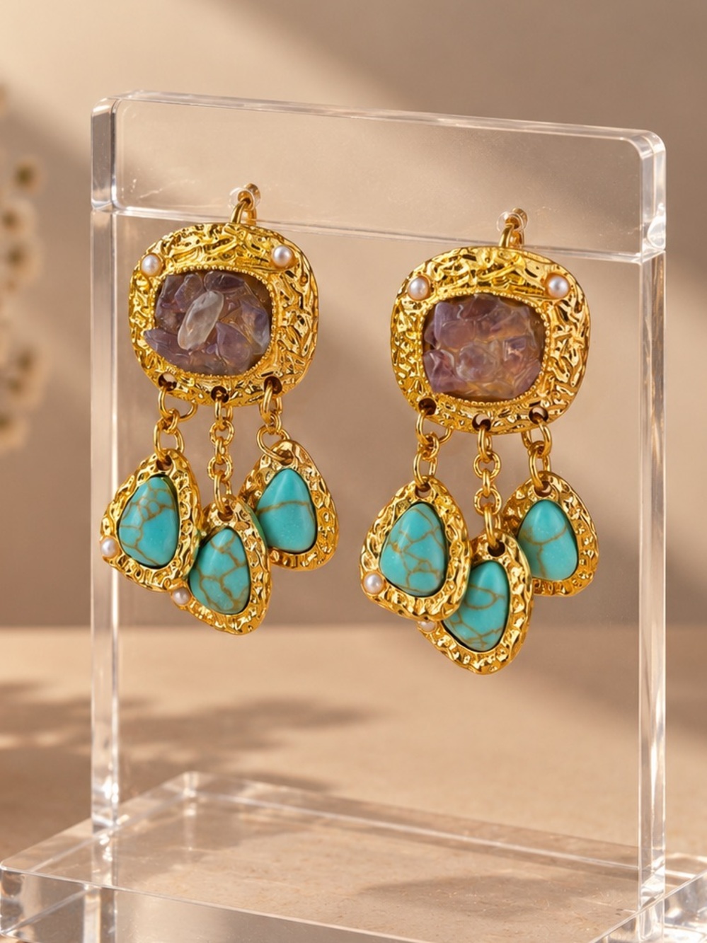Gold Turquoise Earrings with Purple Stone